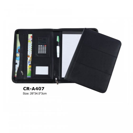 CR-A407 Leather Document holder File Folder with zipper calculator