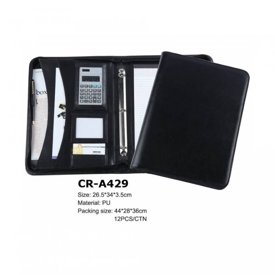 CR-A429 Leather Spiral Ring Binder A4 File Folder Travel Organizer Portfolio with Zipper